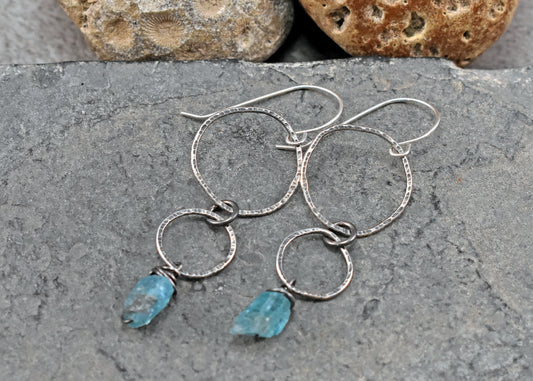 Long Raw Apatite and Sterling Silver Circle Earrings, Organic Rough Gemstone Handmade Jewelry