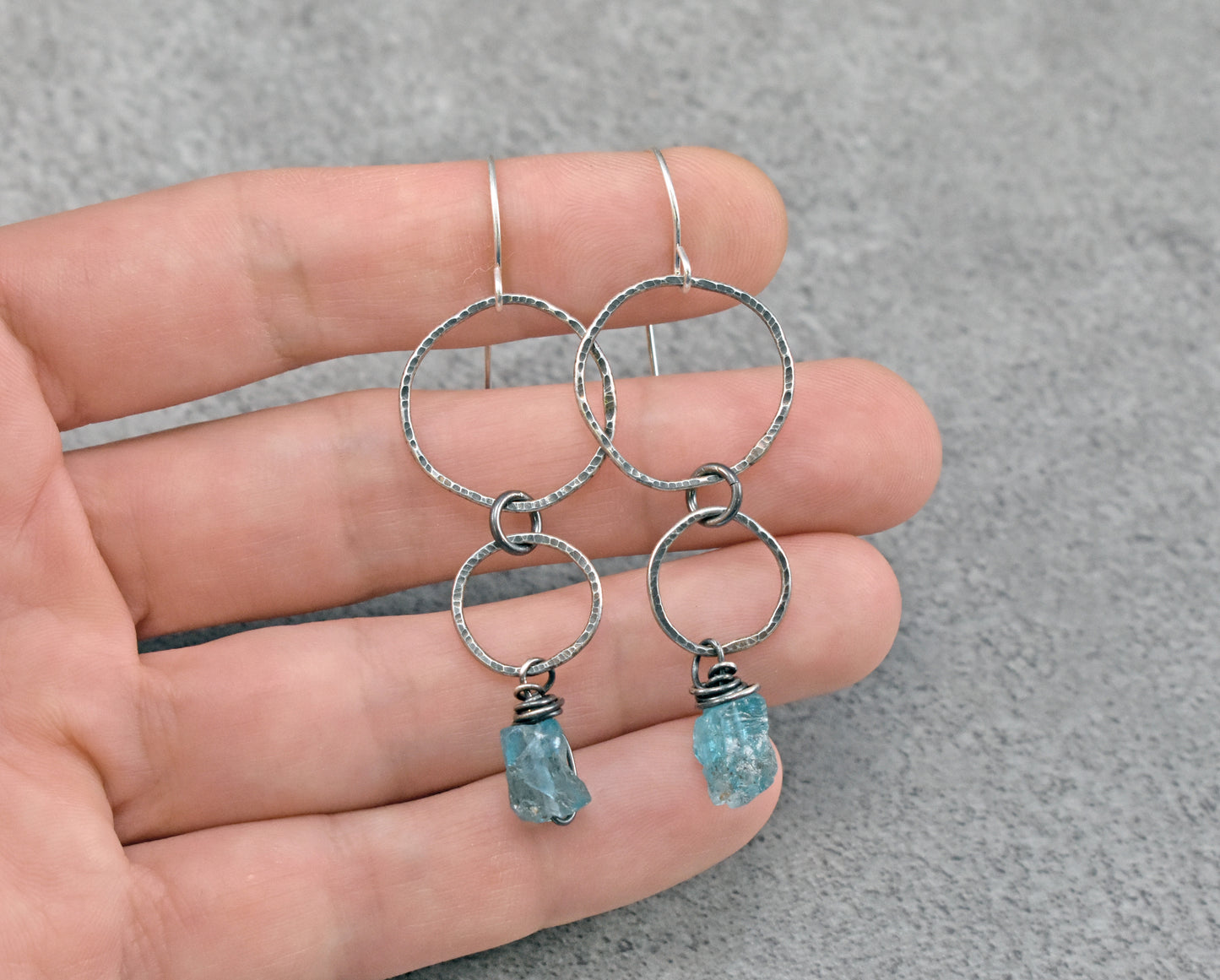 Long Raw Apatite and Sterling Silver Circle Earrings, Organic Rough Gemstone Handmade Jewelry