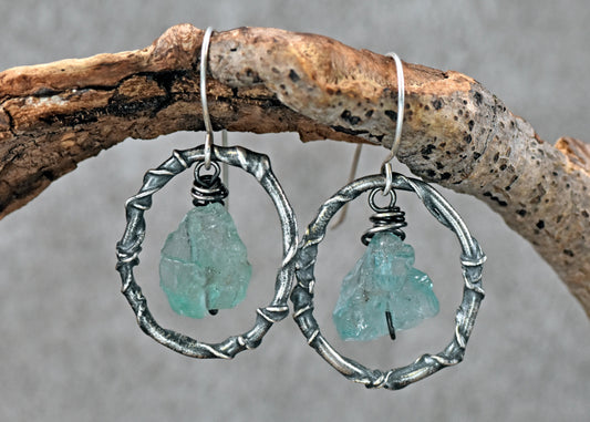 Raw Apatite and Sterling Silver Earrings, Organic Rough Gemstone Dangles, Unique Artisan Jewelry