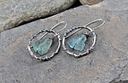Raw Apatite and Sterling Silver Earrings, Organic Rough Gemstone Dangles, Unique Artisan Jewelry