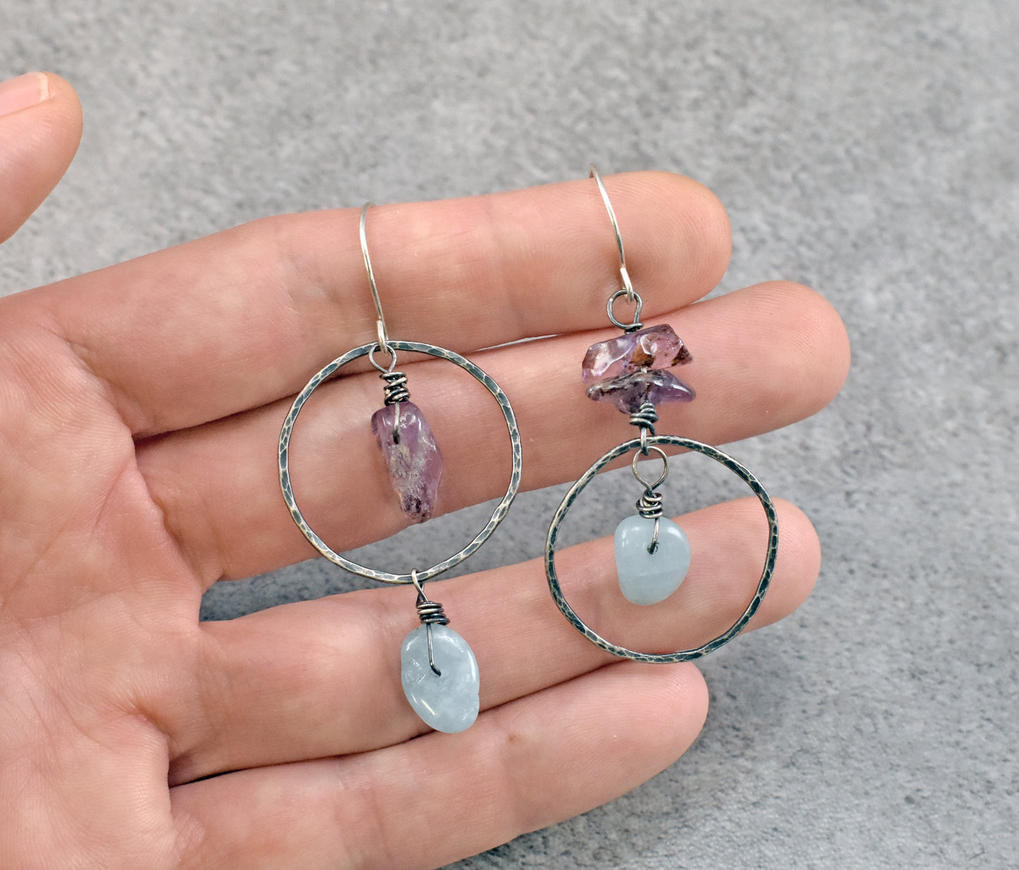 Aquamarine and Super Seven Asymmetrical Sterling Silver Earrings, Blue and Purple Handmade Jewelry
