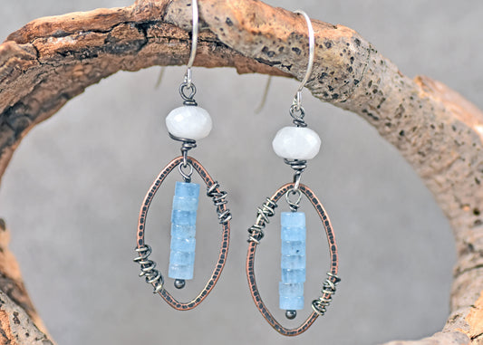 Aquamarine and Moonstone Mixed Metal Earrings, Artisan Copper and Sterling Silver Handmade Jewelry