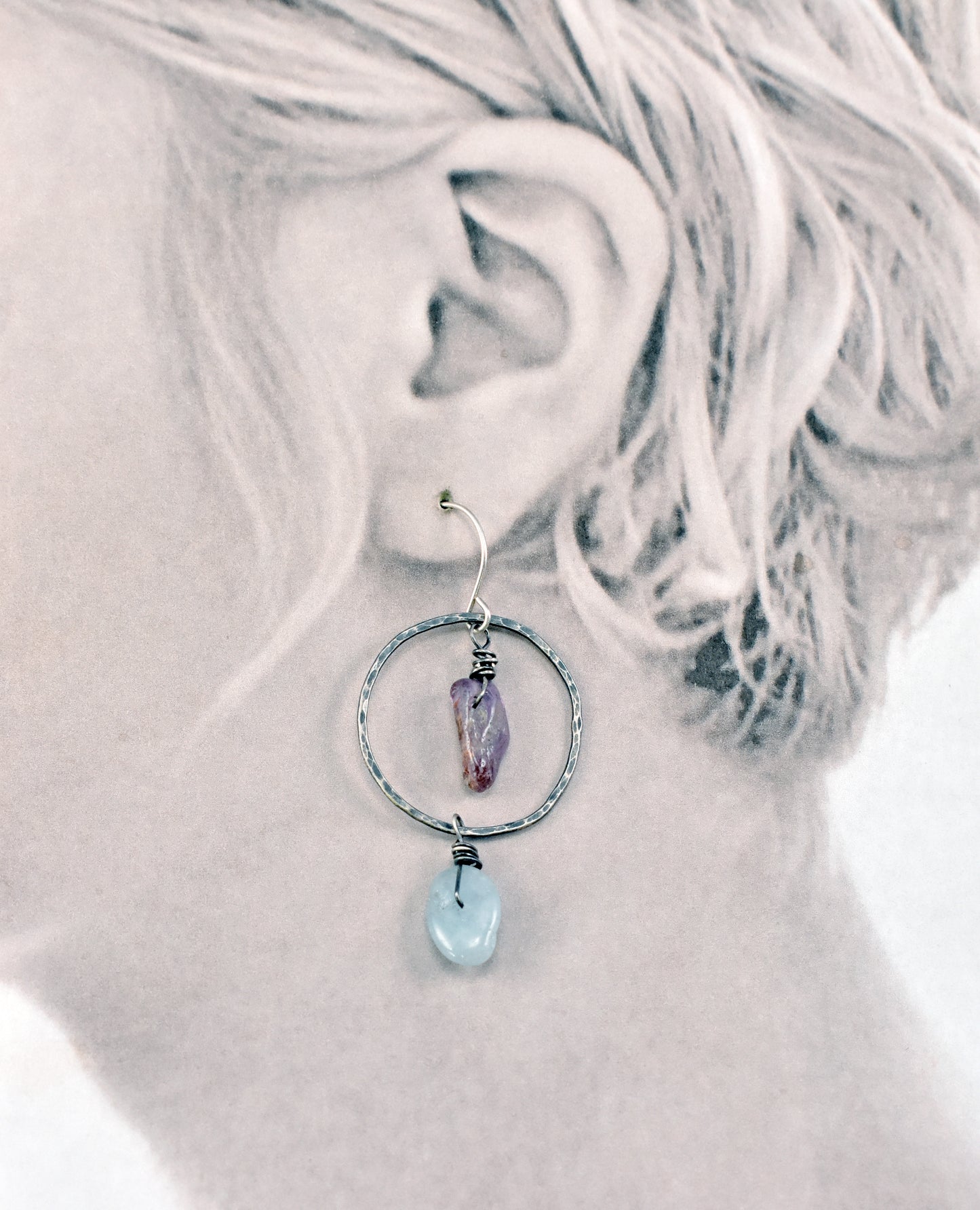 Aquamarine and Super Seven Asymmetrical Sterling Silver Earrings, Blue and Purple Handmade Jewelry