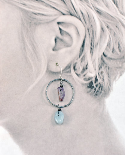 Aquamarine and Super Seven Asymmetrical Sterling Silver Earrings, Blue and Purple Handmade Jewelry