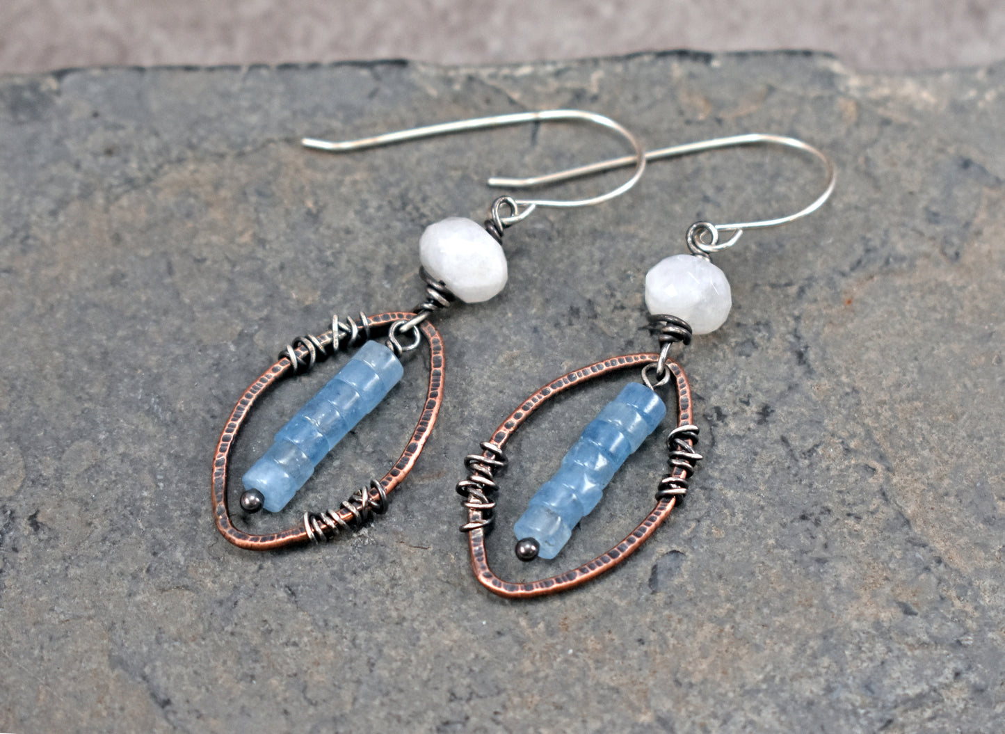Aquamarine and Moonstone Mixed Metal Earrings, Artisan Copper and Sterling Silver Handmade Jewelry