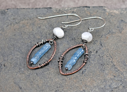 Aquamarine and Moonstone Mixed Metal Earrings, Artisan Copper and Sterling Silver Handmade Jewelry