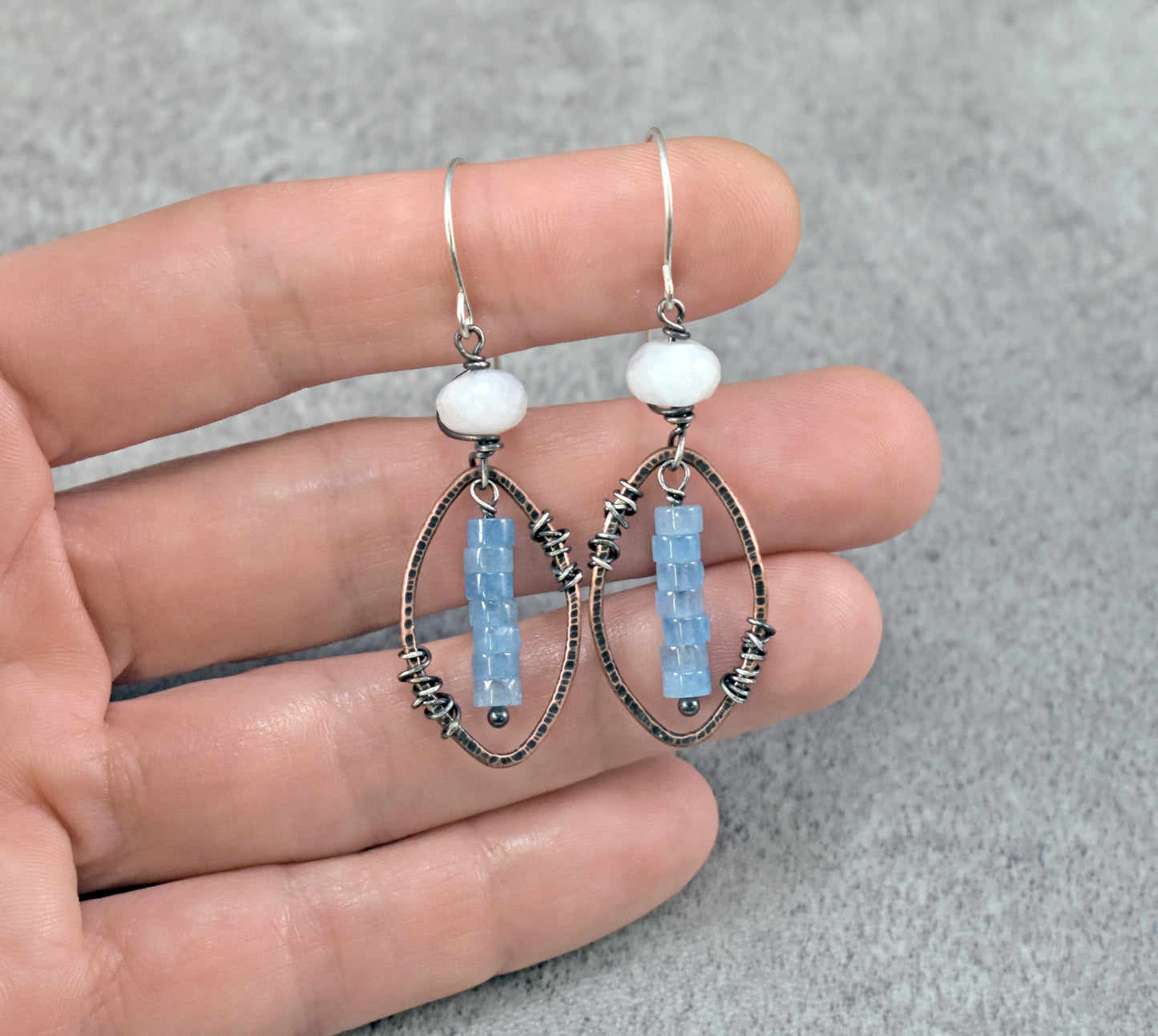 Aquamarine and Moonstone Mixed Metal Earrings, Artisan Copper and Sterling Silver Handmade Jewelry