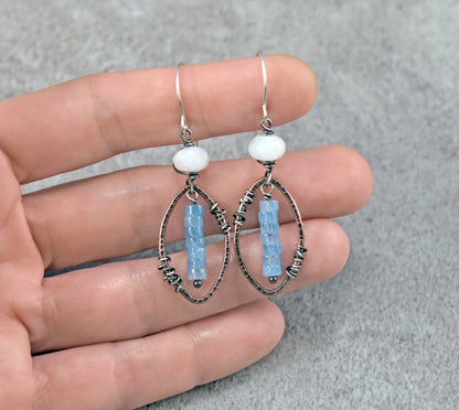 Aquamarine and Moonstone Mixed Metal Earrings, Artisan Copper and Sterling Silver Handmade Jewelry