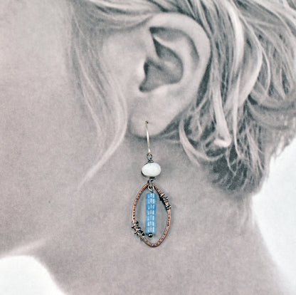 Aquamarine and Moonstone Mixed Metal Earrings, Artisan Copper and Sterling Silver Handmade Jewelry