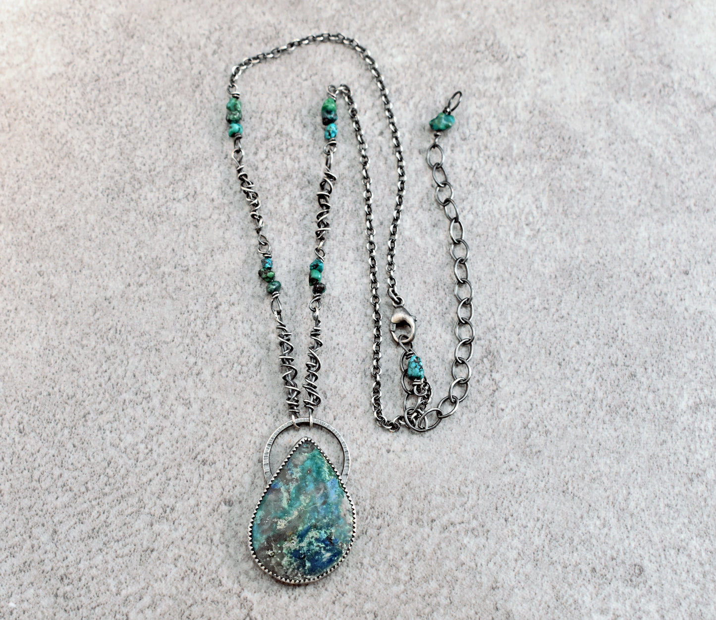 Chrysocolla Azurite and Sterling Silver Necklace, Rustic Silversmith Pendant, Artisan Handmade Jewelry