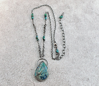 Chrysocolla Azurite and Sterling Silver Necklace, Rustic Silversmith Pendant, Artisan Handmade Jewelry