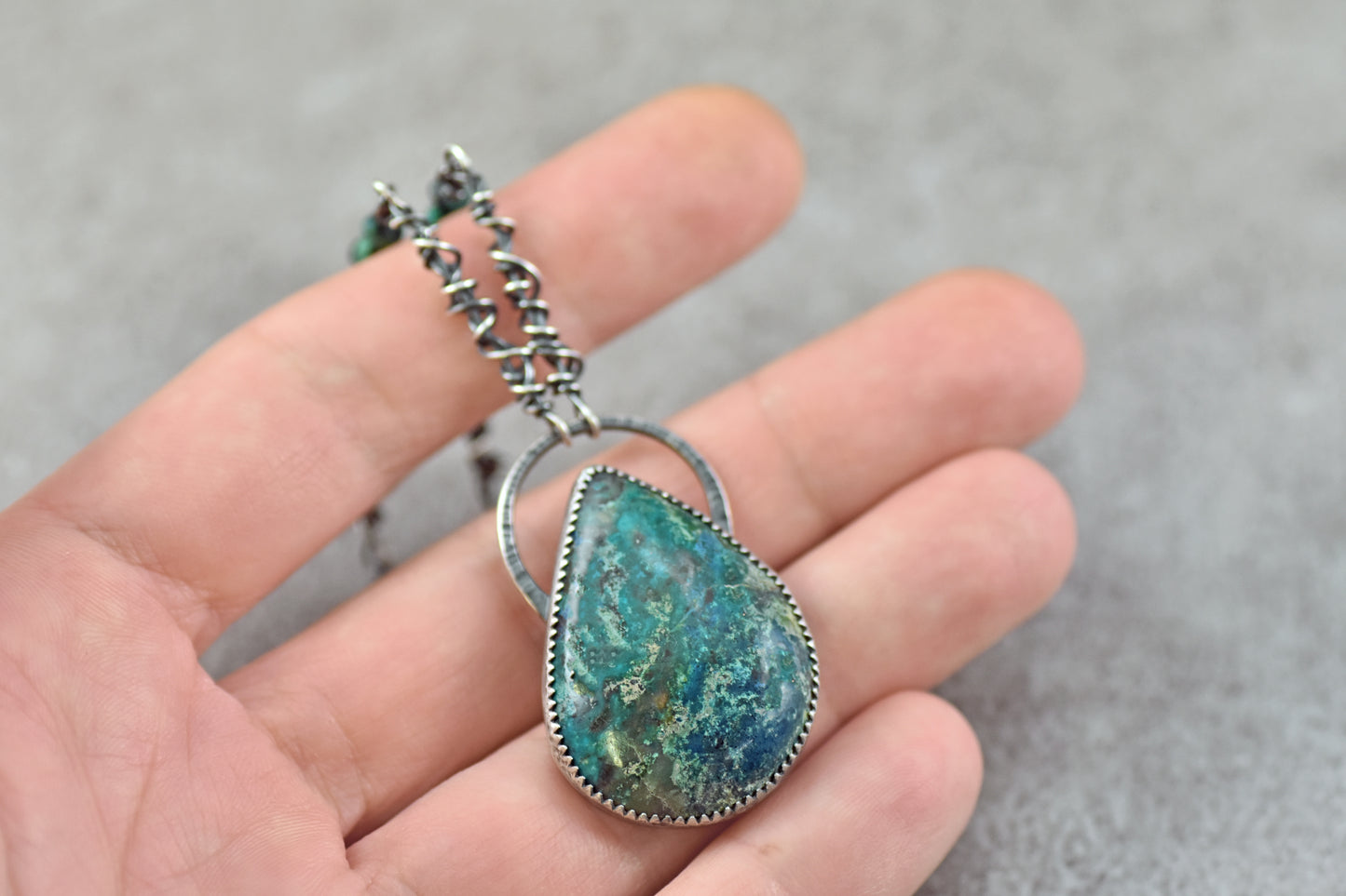 Chrysocolla Azurite and Sterling Silver Necklace, Rustic Silversmith Pendant, Artisan Handmade Jewelry