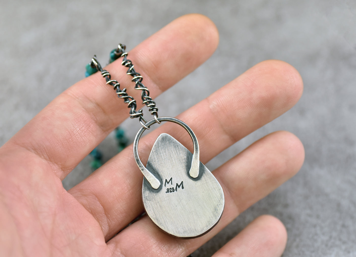 Chrysocolla Azurite and Sterling Silver Necklace, Rustic Silversmith Pendant, Artisan Handmade Jewelry