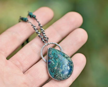 Chrysocolla Azurite and Sterling Silver Necklace, Rustic Silversmith Pendant, Artisan Handmade Jewelry