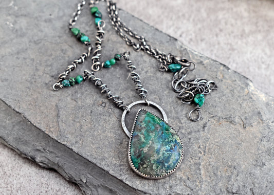 Chrysocolla Azurite and Sterling Silver Necklace, Rustic Silversmith Pendant, Artisan Handmade Jewelry