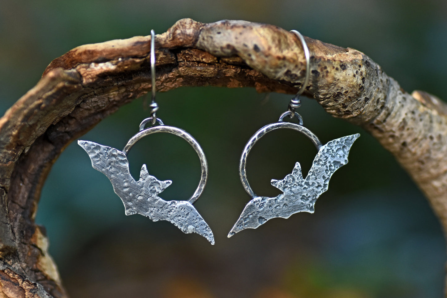 Sterling Silver Handmade Bat Earrings, Rustic Artisan Halloween Jewelry