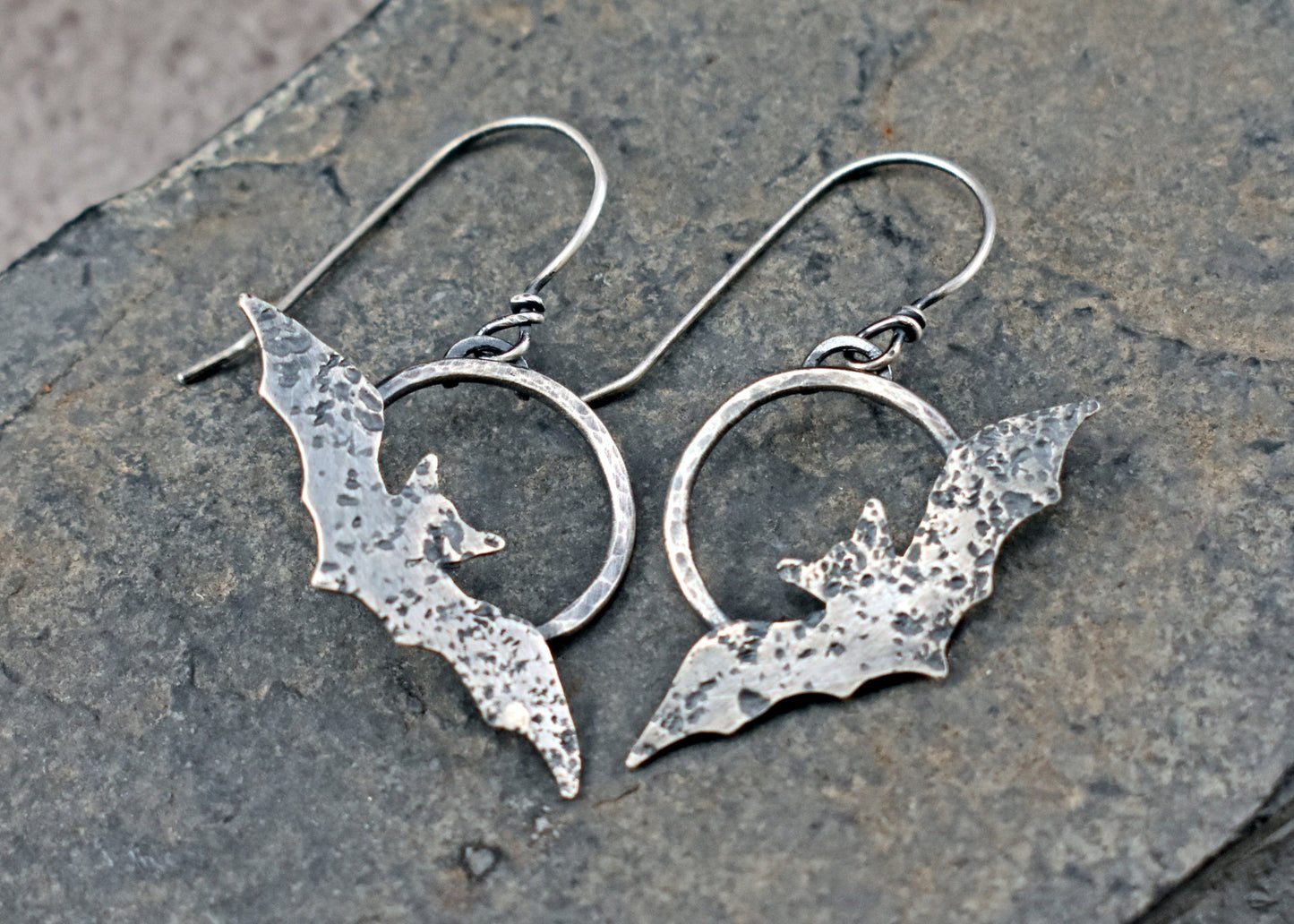 Sterling Silver Handmade Bat Earrings, Rustic Artisan Halloween Jewelry
