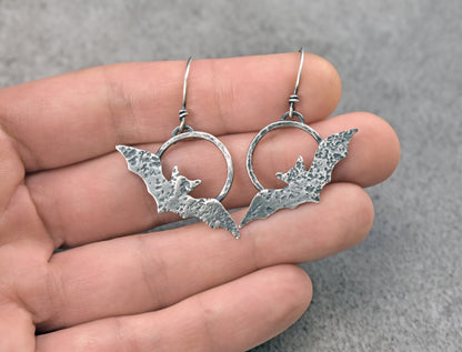 Sterling Silver Handmade Bat Earrings, Rustic Artisan Halloween Jewelry