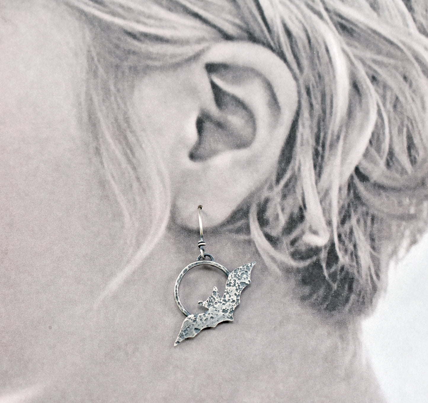 Sterling Silver Handmade Bat Earrings, Rustic Artisan Halloween Jewelry