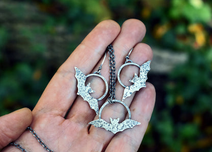 Sterling Silver Handmade Bat Earrings, Rustic Artisan Halloween Jewelry