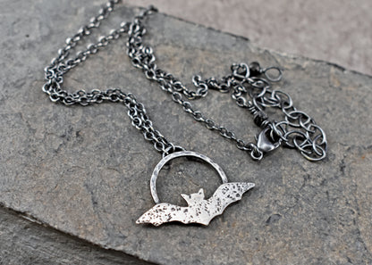 Sterling Silver Handmade Bat Necklace, Rustic Artisan Halloween Jewelry