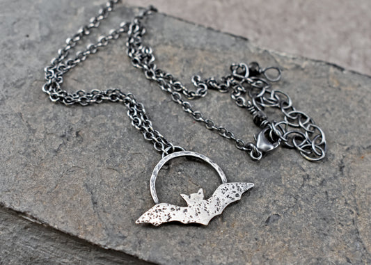 Sterling Silver Handmade Bat Necklace, Rustic Artisan Halloween Jewelry