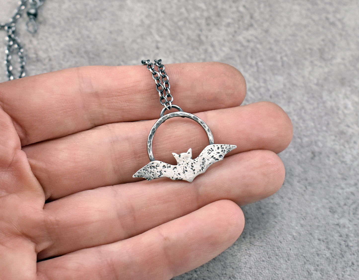 Sterling Silver Handmade Bat Necklace, Rustic Artisan Halloween Jewelry