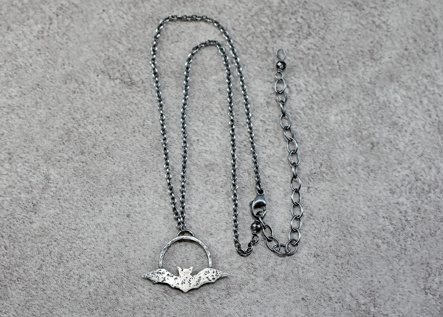Sterling Silver Handmade Bat Necklace, Rustic Artisan Halloween Jewelry