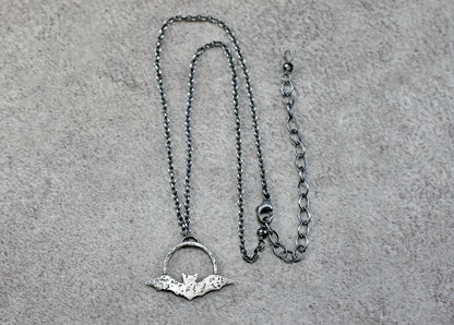 Sterling Silver Handmade Bat Necklace, Rustic Artisan Halloween Jewelry