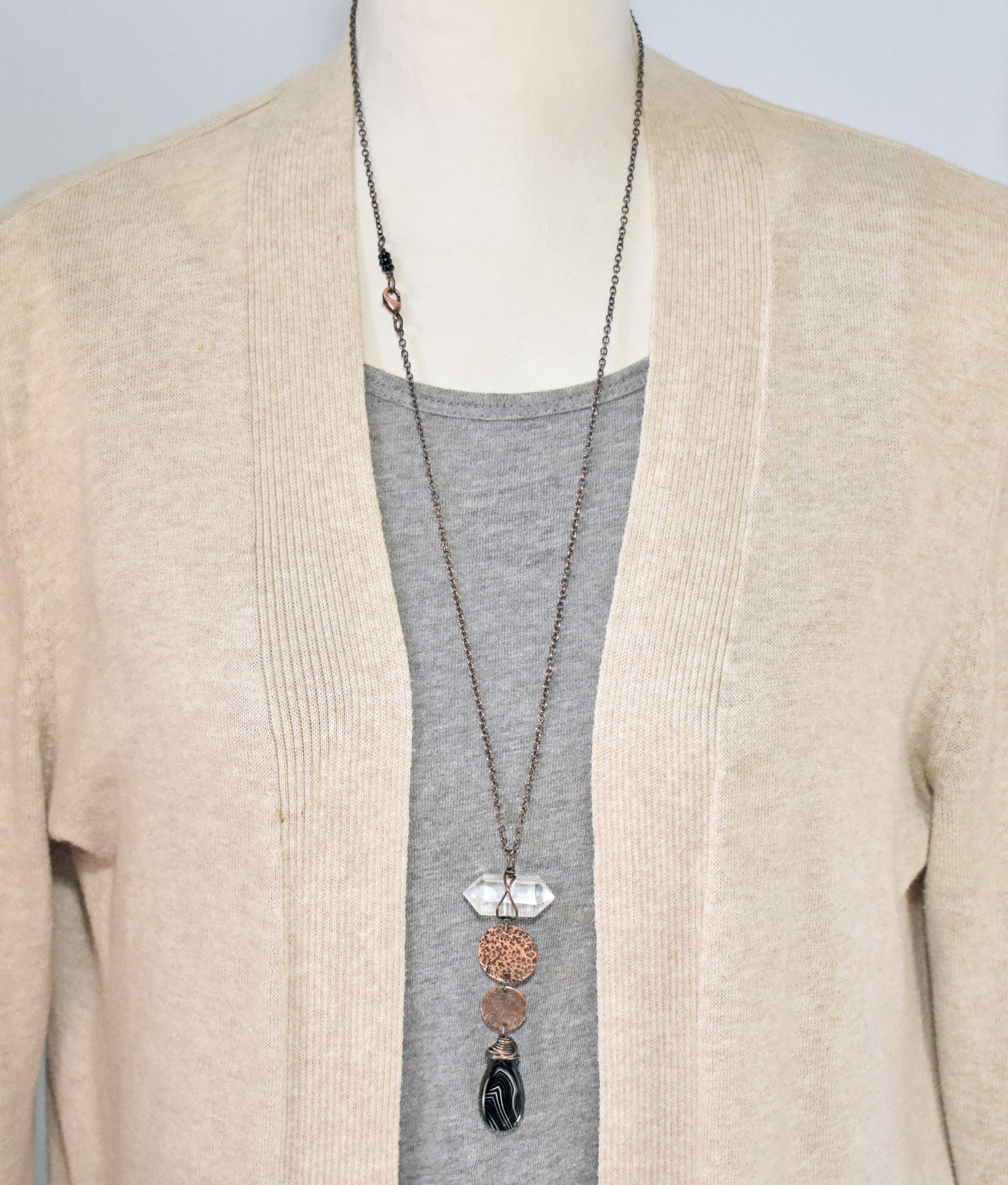 Long Black Agate, Quartz Point and Copper Necklace,  Rustic Handmade Jewelry