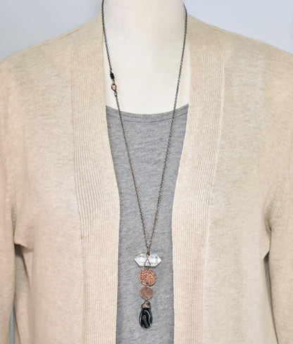 Long Black Agate, Quartz Point and Copper Necklace,  Rustic Handmade Jewelry