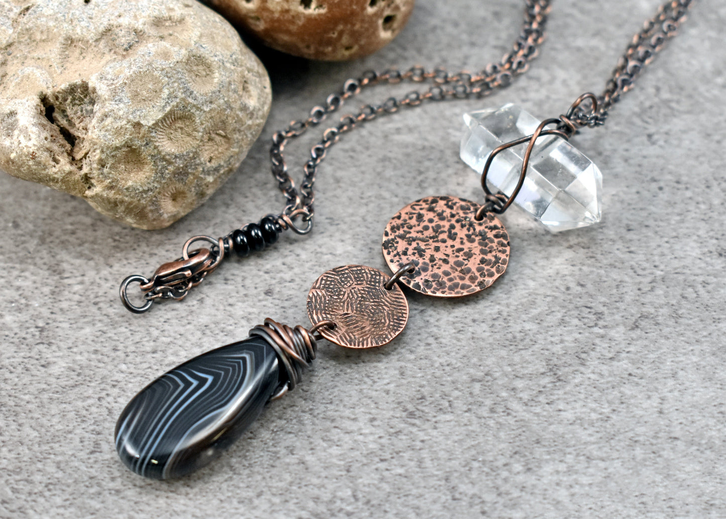 Long Black Agate, Quartz Point and Copper Necklace,  Rustic Handmade Jewelry