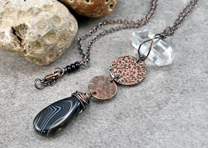 Long Black Agate, Quartz Point and Copper Necklace,  Rustic Handmade Jewelry
