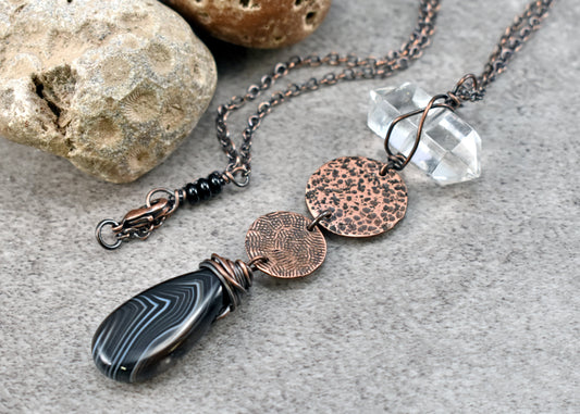 Long Black Agate, Quartz Point and Copper Necklace,  Rustic Handmade Jewelry