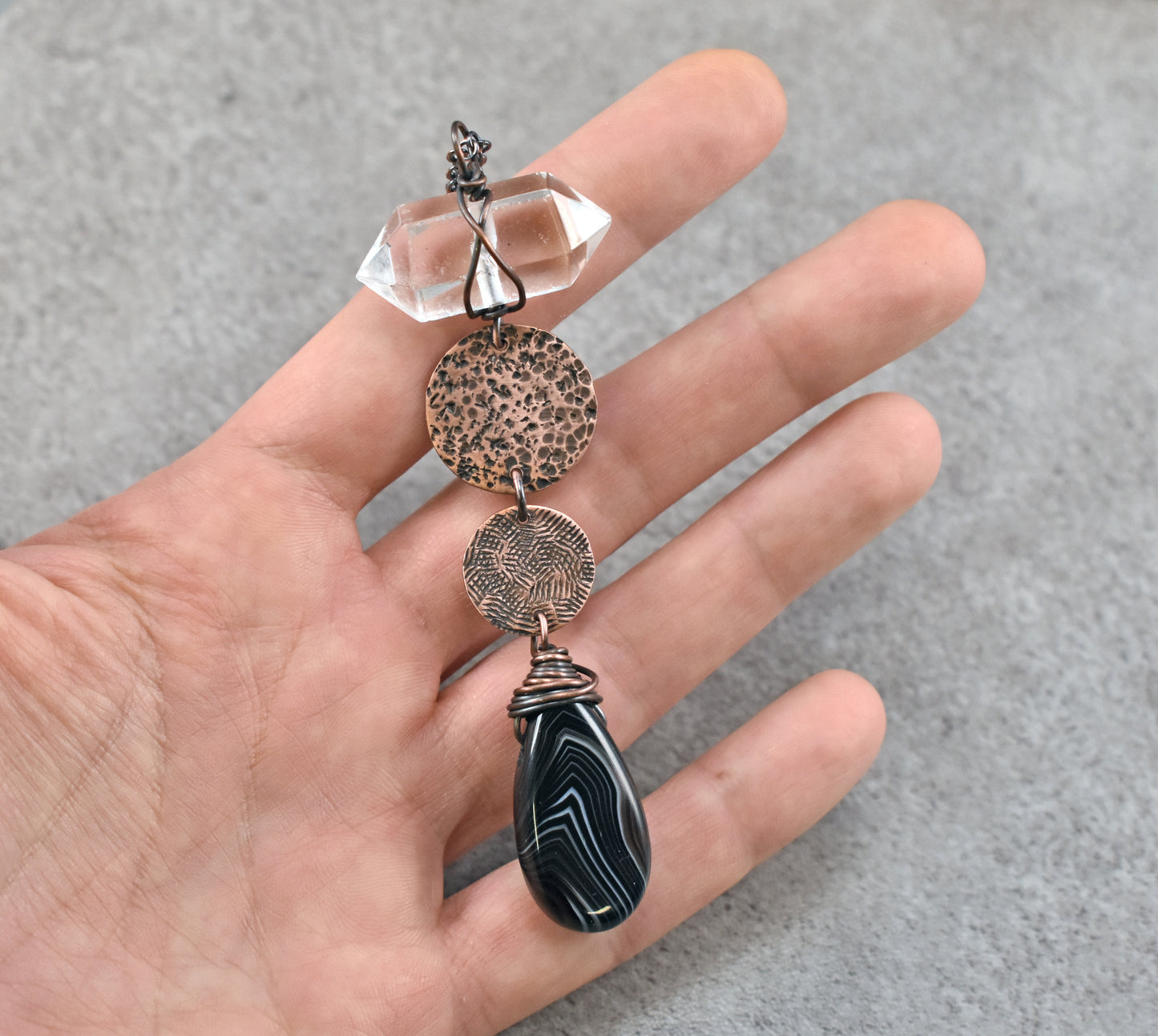 Long Black Agate, Quartz Point and Copper Necklace,  Rustic Handmade Jewelry