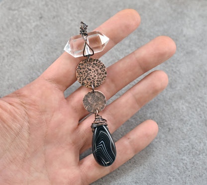 Long Black Agate, Quartz Point and Copper Necklace,  Rustic Handmade Jewelry