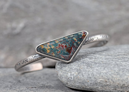 Bloodstone and Sterling Silver Cuff Bracelet, Size Small, Artisan Green Stone Jewelry