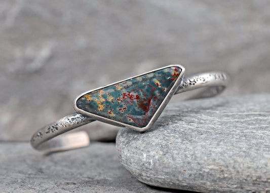 Bloodstone and Sterling Silver Cuff Bracelet, Size Small, Artisan Green Stone Jewelry