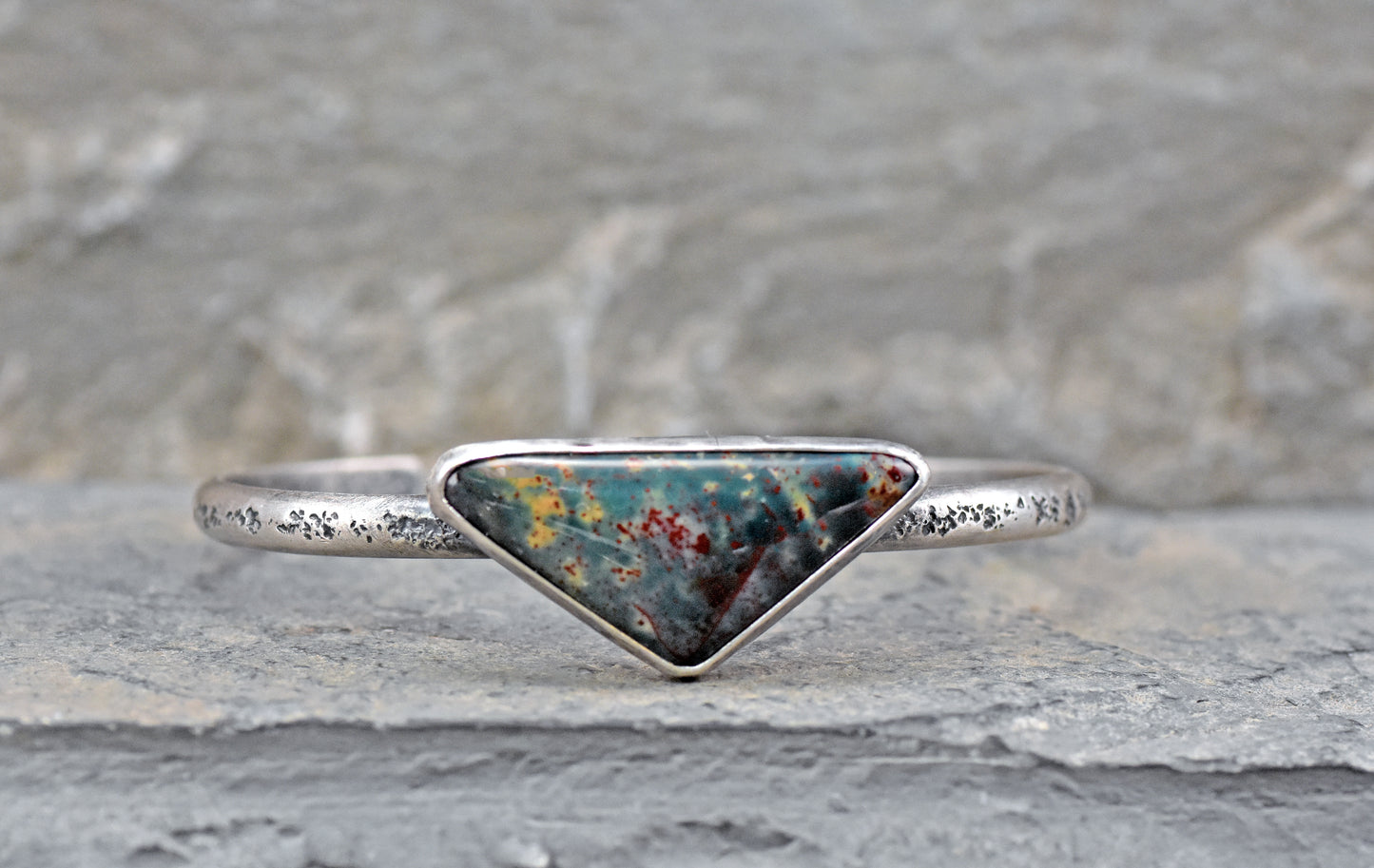 Bloodstone and Sterling Silver Cuff Bracelet, Size Small, Artisan Green Stone Jewelry