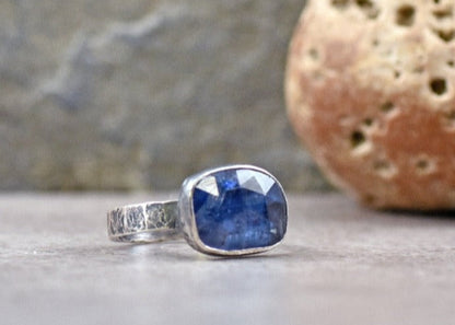 Blue Sapphire and Sterling Silver Ring, Size 7, Faceted Gemstone Metalsmith Jewelry