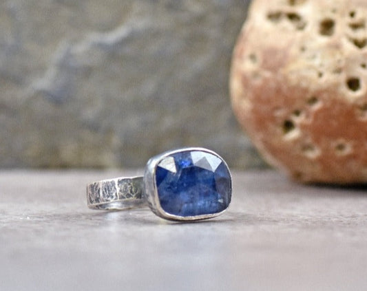 Blue Sapphire and Sterling Silver Ring, Size 7, Faceted Gemstone Metalsmith Jewelry