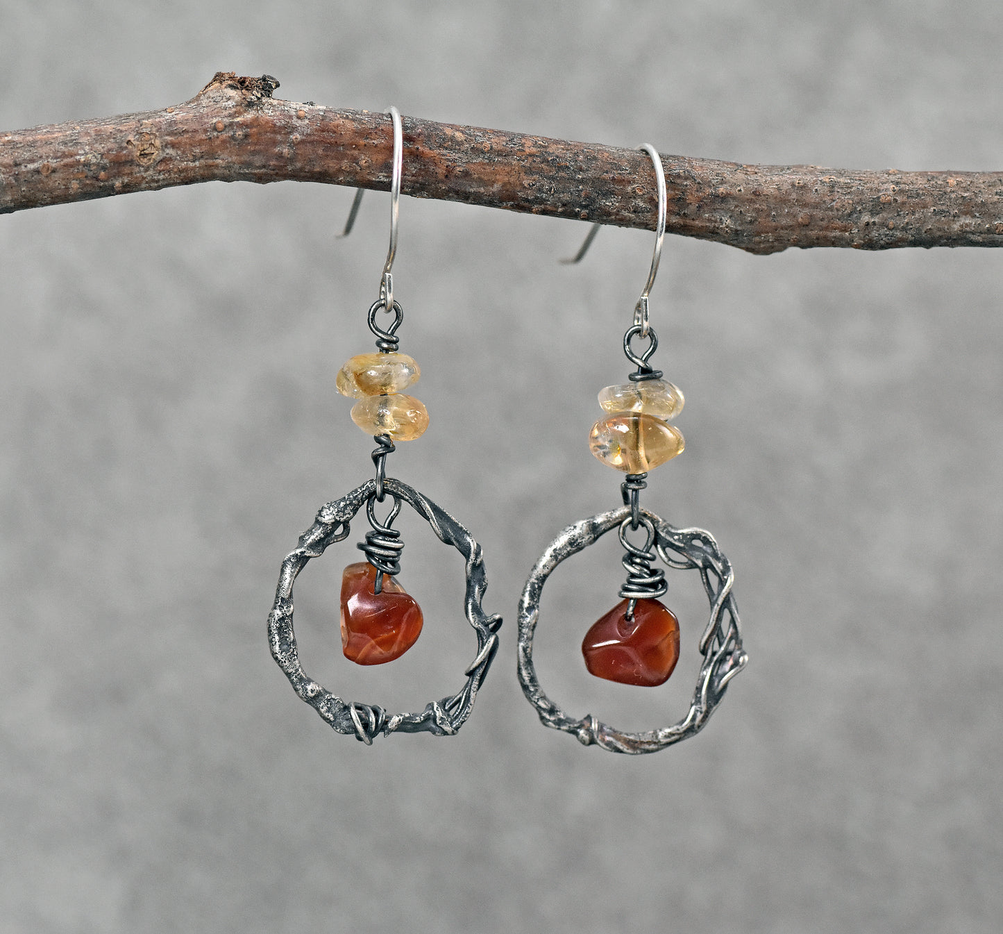 Citrine and Carnelian Sterling Silver Earrings, Yellow and Red Gemstone Jewelry, Unique Rustic Organic