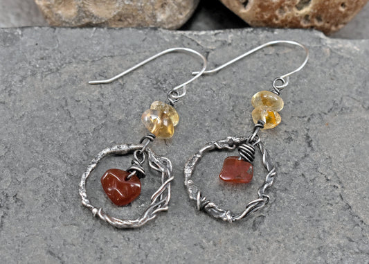 Citrine and Carnelian Sterling Silver Earrings, Yellow and Red Gemstone Jewelry, Unique Rustic Organic