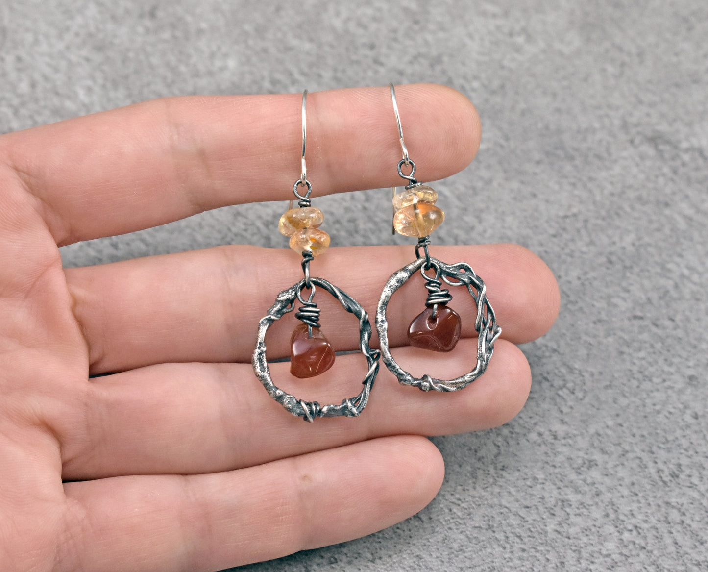 Citrine and Carnelian Sterling Silver Earrings, Yellow and Red Gemstone Jewelry, Unique Rustic Organic