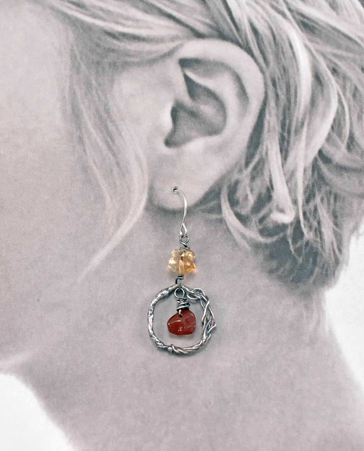 Citrine and Carnelian Sterling Silver Earrings, Yellow and Red Gemstone Jewelry, Unique Rustic Organic
