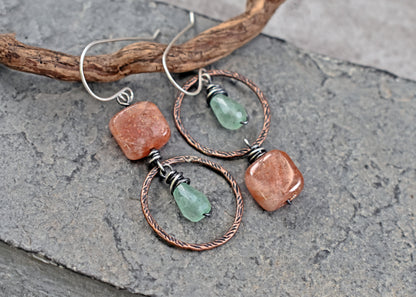 Sunstone and Green Chalcedony Asymmetrical Earrings, Unique Mixed Metal Copper Green and Orange Stone Jewelry