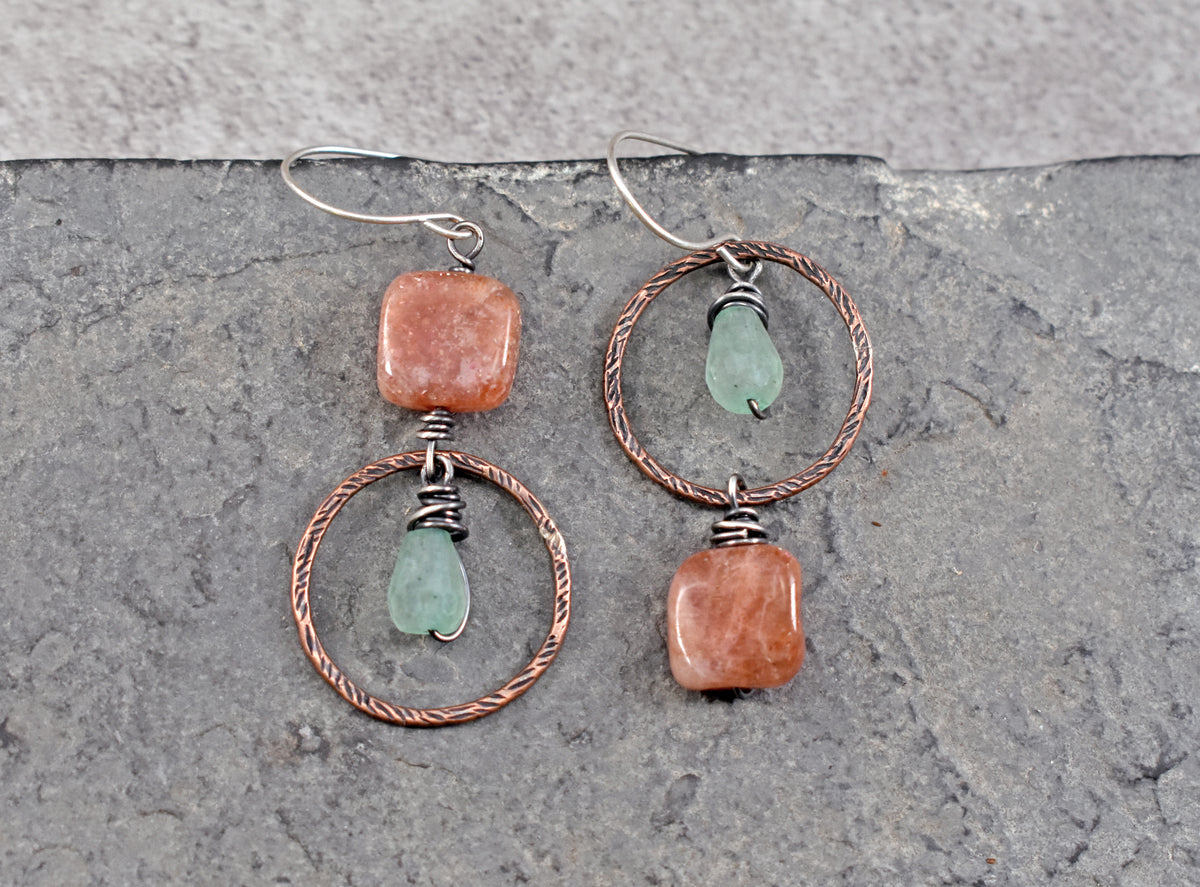 Sunstone and Green Chalcedony Asymmetrical Earrings, Unique Mixed Metal Copper Green and Orange Stone Jewelry