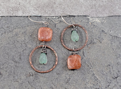 Sunstone and Green Chalcedony Asymmetrical Earrings, Unique Mixed Metal Copper Green and Orange Stone Jewelry