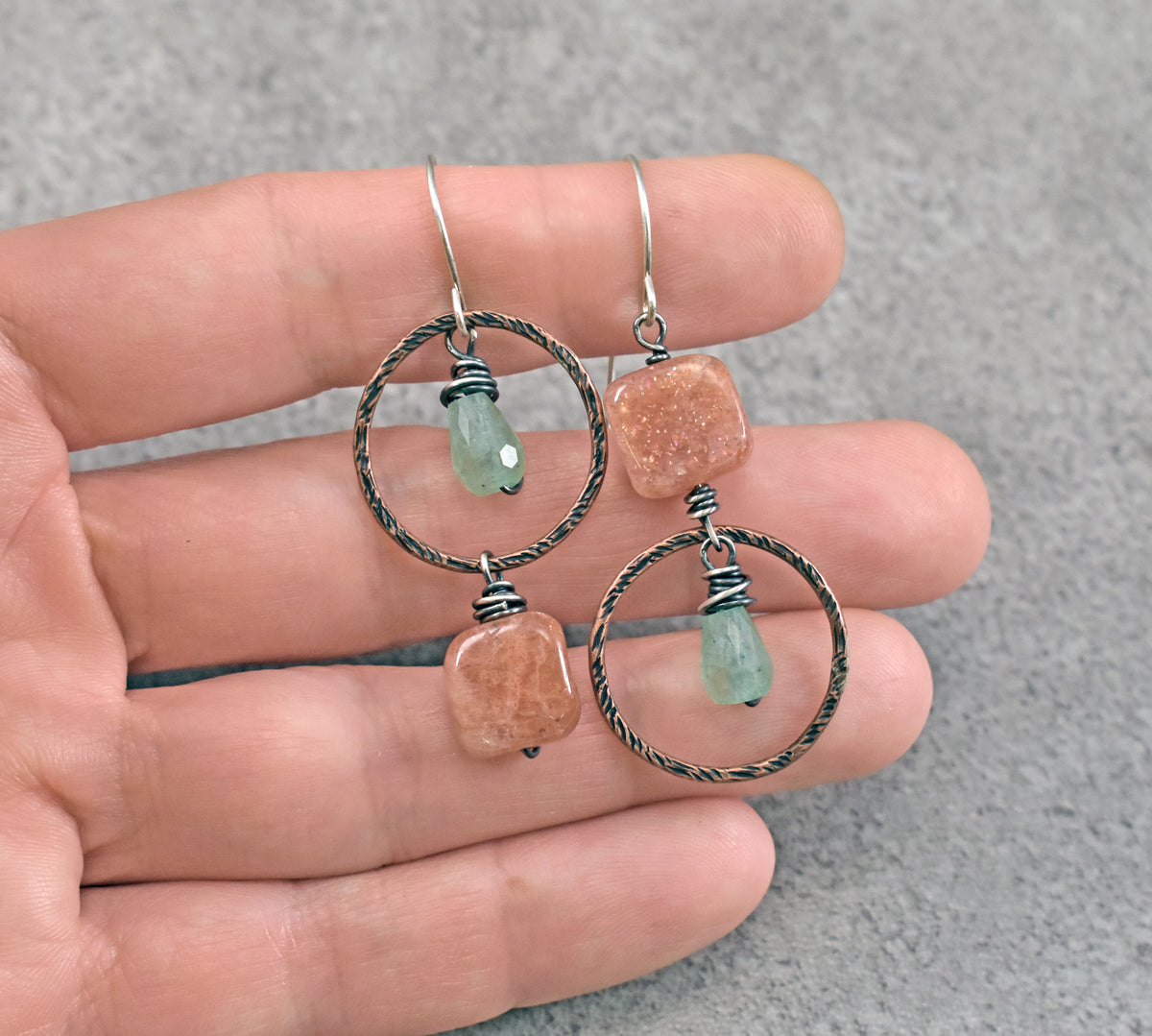 Sunstone and Green Chalcedony Asymmetrical Earrings, Unique Mixed Metal Copper Green and Orange Stone Jewelry