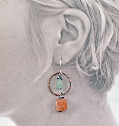Sunstone and Green Chalcedony Asymmetrical Earrings, Unique Mixed Metal Copper Green and Orange Stone Jewelry